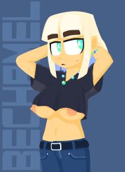 2023 belt big_breasts black_shirt blue_eyes collar cropped_shirt earrings hands_behind_head jeans oc saucepesto simple_background tagme white_hair