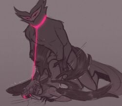 blush demon doggy_style face_down_ass_up glowing hazbin_hotel helluva_boss hip_grab leash looking_pleasured lucifer_morningstar_(hazbin_hotel) male/male owl paimon_(helluva_boss) sinningapple size_difference thrusting wings