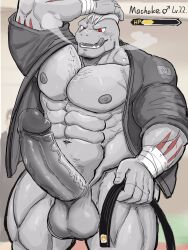 abs anthro balls beard big_penis bodily_fluids body_hair chest_hair erection facial_hair game_freak generation_1_pokemon genital_fluids genitals goatee_stubble hi_res humanoid keikogi leaking_precum machoke male male_only martial_arts_uniform miazuma_shouki monochrome muscular muscular_humanoid muscular_male navel nintendo nipples nude nude_male pecs penis pokemon pokemon_(species) precum scruffy scruffy_beard solo solo_male sports_tape sportswear sweat sweatdrop tongue tongue_out v-line vein veiny_penis visible_breath