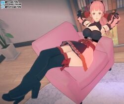 1girls 3d arms_behind_head bangs bare_thighs book bookshelf boots breasts fefreak726 female female_only fire_emblem fire_emblem:_three_houses hilda_valentine_goneril indoors long_hair looking_at_viewer medium_breasts nintendo on_couch pink_eyes pink_hair ponytail sitting smile solo thigh_boots thighs