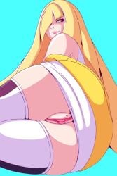 1girls anotherlewdartist ass ass_focus big_ass blonde_hair clothing exposed_pussy female female_only game_freak green_eyes hair hair_over_one_eye huge_ass legwear lips long_hair looking_back lusamine_(pokemon) mature mature_female mature_woman milf mole mole_on_pussy mother pokemon pokemon_sm pussy solo solo_female thick_thighs thighhighs thighs vagina white_thighhighs