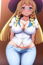 ai_generated big_breasts blonde_hair blue_eyes blue_jeans blush braided_hair busty cleavage creatures_(company) curvy female female_only front_view game_freak hat hi_res highres jeans light_jeans lillie_(pokemon) long_hair nintendo pokemon pokemon_(game) pokemon_sm pokemon_trainer seraphim_ai smile solo stable_diffusion tight_jeans