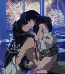 1boy1girl absurd_res areolae artist_name bare_shoulders belt black_hair black_socks blush blushing bra breasts breasts_out canon_couple chair classroom classroom_sex clothed_sex cowgirl_position dark_blue_hair fireworks husband_and_wife inuyasha inuyasha_(character) inuyasha_(human) kagome_higurashi kissing leaning_back medium_breasts necktie new_year new_year_2024 night nipples panties_around_leg panties_aside pants_down school_uniform schoolgirl shirt_down shirtless shirtless_male sitting_on_table skirt skirt_up socks sweat sweatdrop table taisana unzipped unzipped_pants vaginal_penetration vaginal_sex watermark wristwatch