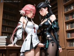 1futa 1girls 2girls absurd_res ai_generated balls big_breasts big_penis bigz_ai black_hair breasts changli_(wuthering_waves) clothed clothing curvaceous curvy curvy_figure dickgirl dress dress_lift female female_only female_rover_(wuthering_waves) futa_on_female futa_with_female futanari high_resolution highres huge_breasts huge_cock large_breasts large_penis library light-skinned_female light_skin long_hair medium_breasts penis penis_awe penis_under_clothes penis_under_dress pink_hair rover_(wuthering_waves) shocked shocked_expression video_games wide_hips wuthering_waves