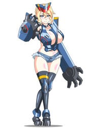 1girls 2018 bare_thighs big_breasts blonde_hair buti-yu gijinka huge_breasts jeager legendary_pictures mecha pacific_rim pacific_rim_uprising romeo_blue shorts solo solo_female tagme thighhighs white_background