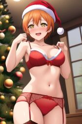 ai_generated bedroom belly_button blush christmas christmas_hat christmas_outfit christmas_tree cowboy_shot female garter_belt hair_between_eyes hoshizora_rin indoors kurodex lingerie love_live! love_live!_school_idol_project medium_breasts naughty_face orange_hair posing seductive_smile short_hair solo standing wide_hips yellow_eyes