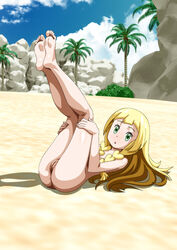 1girls bangs barefoot beach blonde_hair braid carinae feet green_eyes innie_pussy light-skinned_female light_skin lillie_(pokemon) long_hair looking_at_viewer naked nintendo nipples nude pinup pokemon pokemon_sm pussy slender_legs small_breasts solo straight_hair tagme thighs toes