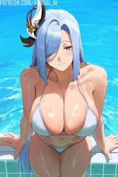 1girls ai_generated amiral_ai blue_eyes breasts female genshin_impact hair_over_one_eye hi_res huge_breasts light-skinned_female light_skin long_hair shenhe_(genshin_impact) stable_diffusion white_hair