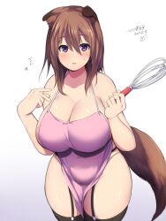 1girls animal_ears apron big_breasts black_thighhighs breasts brown_hair cleavage dog_ears dog_girl dog_tail large_breasts looking_at_viewer mixer_(cooking) naked_apron original purple_eyes short_hair tail thighhighs yoshikawa_hideaki