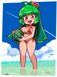 bangs beach belly_button bikini blue_sky blunt_bangs cleavage clouds cloudy_sky eyelashes green_hair hair hair_ornament happy happy_female holding_food holding_fruit holding_object hourglass_figure jimafy large_breasts long_hair looking_at_viewer melon midriff navel ocean pink_eyes smile smiling smiling_at_viewer thick_thighs thighs vannamelon vannamelon_(copyright) virtual_youtuber voluptuous voluptuous_female water watermelon