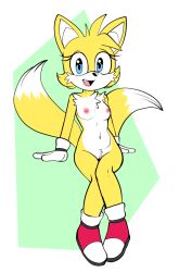 2022 2_tails anthro areola blue_eyes breasts canid canine casual clothing digital_media_(artwork) dipstick_tail ellie_prower exposed_torso eyelashes female footwear fours_(artist) fox front_view genitals gloves handwear hi_res mammal markings mostly_nude mtf_crossgender multi_tail navel nipples open_mouth pussy rule_63 sega simple_background solo sonic_(series) sonic_the_hedgehog_(series) tail_markings tails tailsko