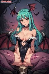 after_sex ai_generated clothing cum darkstalkers demon dripping_cum dungeon gamarjobson green_hair looking_at_viewer morrigan_aensland seductive sitting small_breasts stockings succubus vampire_(game)