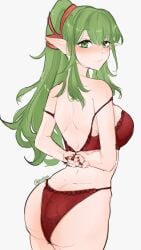 ass back bare_back big_ass bra breasts butt_crack fire_emblem fire_emblem_awakening green_eyes green_hair medium_breasts nintendo panties pointy_ears ponytail red_panties serafineart1001 tiki_(adult)_(fire_emblem) tiki_(fire_emblem) underwear undressing