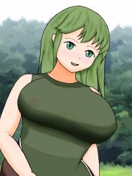 1girls areolae breasts covered_nipples female female_only fire_emblem fire_emblem:_mystery_of_the_emblem fire_emblem:_shadow_dragon_and_the_blade_of_light green_eyes green_hair kenchu large_breasts long_hair nintendo outdoors palla_(fire_emblem) see-through solo