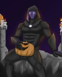 5_fingers acekhoexo arm_down armor balls big_penis black_balls black_body black_glans black_penis candle candles clawed_fingers claws digital_media_(artwork) dread_omen erection faceless_male fortnite fucking_pumpkin glans glowing_eyes halloween halloween_2022 halloween_pumpkin helmet highres humanoid looking_at_viewer male masked masked_men muscular muscular_male nude nude_male pecs penis pumpkin purple_markings rock signature sitting solo_male stone veiny_penis warrior