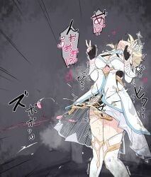 2girls bare_shoulders blonde_hair blush breasts breath cleavage clenched_hands commentary_request controller dildo disembodied_limb dress female flower genshin_impact gloves grey_background greyscale hair_between_eyes hair_flower hair_intakes hair_ornament hands_up happy heart highres holding holding_sex_toy hoyoverse knees_together_feet_apart lucifina lucifina006 lucifina_006 lumine_(genshin_impact) medium_breasts medium_hair mihoyo monochrome multiple_girls no_panties no_underwear noelle_(genshin_impact) nose_blush oerba_yun_fang open_mouth pussy pussy_juice raised_eyebrows remote_control remote_control_vibrator sex_toy short_dress short_hair short_hair_with_long_locks sidelocks skin_fang sleeveless sleeveless_dress smile solo_focus speech_bubble spoken_heart spot_color squirting standing steam steaming_body sweat thighhighs thighs translation_request trembling vambraces vibrator vibrator_cord vibrator_under_clothes white_dress white_flower yellow_eyes yuri