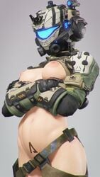 1girls 3d armor arms_crossed grey_background helmet llamasarepink medium_breasts nopan pilot_(titanfall) pose pubic_tattoo pulse_blade_pilot solo tactical_nudity titanfall