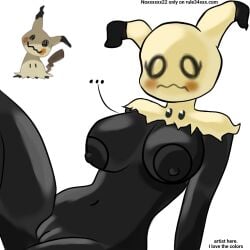 anthro big_breasts black_nipples black_skin female female_focus female_only female_pokemon laying_down looking_at_viewer mimikyu naked noxxxxxx22 pokémon pokémon_(species) text white_background