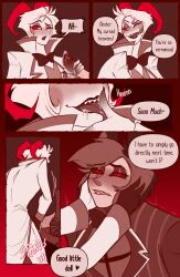 2boys alastor_(hazbin_hotel) blush clothed comic cum cum_in_mouth demon erection handjob hazbin_hotel kneeling lucifer_morningstar_(hazbin_hotel) male male_only penis powers restrained sharp_teeth sinningapple tentacle text undressing