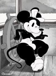 2d 2d_and_3d absurd_res anthro ass black_body black_fur black_nose clothed clothing covenantrt_(artist) detailed_background disney english_text entering_public_domain finger_gun flat_color footwear fur greyscale hi_res humanoid male male_only male_shortstack mammal mickey_mouse monochrome mouse mouse_ears murid murine one_eye_closed png public_domain retro_artstyle rodent rodent_tail round_ears shaded ship ship_deck shoes smile solid_color solo steamboat_willie steambutt_willie steering_wheel teapot_(body_type) text vintage western_art wheel wink winking wooden_floor