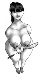 1girls badminton_racket bangs busty curvy erect_nipples huge_areolae huge_breasts looking_at_viewer naked original original_character plumperpass simple_background smiling_at_viewer solo_female thick thick_thighs tied_hair white_background xinleng