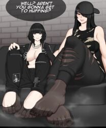 2girls akane_(kinfrb) black_hair black_nails black_tights chain_necklace cleavage feet foot_fetish foot_focus goth kinfrb looking_at_viewer sideboob stella_(final_fantasy_xiv) tagme talking_to_viewer tights toe_ring toenail_polish voluptuous voluptuous_female