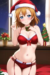 ai_generated bedroom belly_button blue_eyes blush christmas christmas_hat christmas_outfit christmas_tree cowboy_shot female garter_belt indoors kousaka_honoka kurodex large_breasts lingerie love_live! love_live!_school_idol_project medium_hair naughty_face orange_hair posing seductive_smile solo standing wide_hips