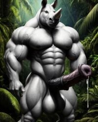 1boy ai_generated anthro dripping_cum equine_penis horse_penis horsecock huge_balls huge_cock lonely_man massive_balls massive_penis monster monster_cock muscular muscular_anthro muscular_male rhinoceros