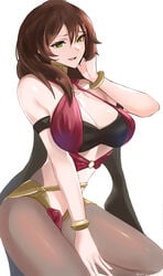 1girls alternate_costume armlet bracelet breasts brown_hair cleavage cosplay dancer dancer_outfit dorothea_arnault dorothea_arnault_(cosplay) dorothea_arnault_(plegian)_(cosplay) female fire_emblem fire_emblem_heroes genshin_impact green_eyes hair_between_eyes hair_over_one_eye highres jewelry large_breasts lisa_(genshin_impact) nintendo o-ring open_mouth pantyhose plegian tommietomm tommy_(kingdukeee) white_background