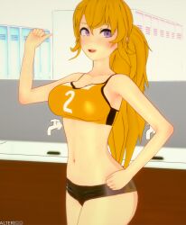 1girls alterego bathroom blonde_female blonde_hair gym_uniform ponytail purple_eyes rwby short_shorts sweat sweaty_body tank_top yang_xiao_long