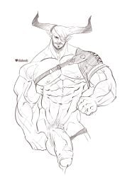 balls bara big_balls big_penis dizdoodz dragon_age eyepatch flaccid horns iron_bull male male_only monochrome muscles muscular penis penis_out qunari solo solo_male underwear_down