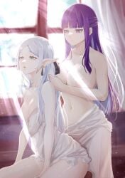 2girls aboart aboleuk areolae big_breasts breasts brush brushing_hair earrings elf elf_ears elf_female eyebrows eyebrows_visible_through_hair female female_only fern_(sousou_no_frieren) frieren green_eyes indoors inside light-skinned_female light_skin long_hair multiple_girls nightgown nipples pale-skinned_female pale_skin pointy_ears purple_eyes purple_hair sousou_no_frieren topless very_long_hair white_hair