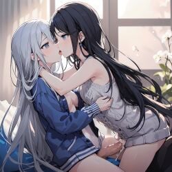 2girls ai_generated breasts cum cum_in_pussy cum_inside futanari hoshino_ichika_(project_sekai) indoors kissing project_sekai small_breasts yoisaki_kanade yuri