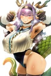 1girls armpit_hair armpits arms_up breasts dragon_girl dragon_horns female hero_neisan hi_res huge_breasts large_breasts leotard long_hair naughty_face new_year new_year_2024 original_character pubic_hair purple_eyes purple_hair slim_waist smile tail thick_thighs wide_hips