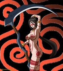 1girls big_breasts body_paint boruto:_naruto_next_generations breasts collar completely_nude cosplay elec-ant female female_only holding_object holding_weapon hyuuga_hanabi looking_at_viewer naked naruto naruto_(series) necklace neckwear neo_ranga nipples no_underwear ponytail scythe side_view smile solo solo_focus tied_hair tribal tribal_markings weapon