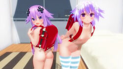 2girls 3d adult_neptune areolae ass big_breasts cpu_(neptunia) d-pad d-pad_hair_ornament female female_only flat_chest flat_chested goddess hair_ornament human indoors long_hair mouth_open naked neptune_(neptunia) neptunia_(series) nipples nude nude_female open_mouth purple_eyes purple_hair short_hair small_breast striped_socks video_games