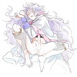 1boy androgynous blush closed_eyes cum cum_in_ass cum_inside erection fate/grand_order fate/stay_night fate_(series) femboy floating_hands hatsunet merlin_(fate) penis purple_hair trap