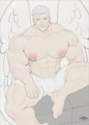 1boy abs alexcherubic angel angel_wings bara barefoot blue_eyes male male_only muscular muscular_male navel nipple_piercing original original_character pecs pierced_ears pierced_nipples piercing short_hair six_pack smile underwear white_hair wings