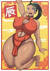 1girls alternate_body_type alternate_breast_size black_hair breasts breasts_bigger_than_head china_dress dark-skinned_female dark_skin female game_freak hips huge_breasts large_breasts long_hair nemona_(pokemon) nintendo open_mouth oryuto pokemon pokemon_(game) pokemon_sv ponytail thick thick_thighs thighs venus_body voluptuous wide_hips