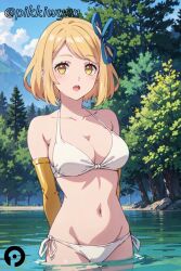 ai_generated arms_behind_back bikini blonde_hair breasts cleavage day elbow_gloves female hair_ribbon isekai_nonbiri_nouka looking_at_viewer navel open_mouth outdoors pikkiwynn ribbon short_hair side-tie_bikini_bottom sky solo swimsuit tia_(isekai_nonbiri_nouka) tree wading water white_bikini yellow_eyes