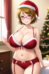 ai_generated bedroom belly_button blush brown_hair christmas christmas_hat christmas_outfit christmas_tree cowboy_shot female garter_belt glasses huge_breasts indoors koizumi_hanayo kurodex lingerie love_live! love_live!_school_idol_project naughty_face posing purple_eyes seductive_smile short_hair solo standing wide_hips