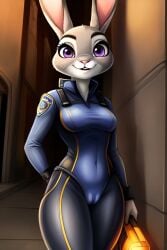 1girls 2020s 2024 ai_generated anthro cameltoe dipstick_ears disney ears_up female female_only frosting.ai furry furry_female grey_body grey_fur holding_object judy_hopps lagomorph leporid mammal navel police_uniform purple_eyes rabbit rabbit_humanoid scalieton self_upload tight_clothing zootopia