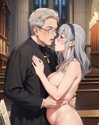 1boy 1girls 2024 age_difference ai_generated blush cassock christianity church clerical_collar clothed_male_nude_female cross glasses grey_hair naked_female nude older older_male pipe_organ priest seductive stable_diffusion straight