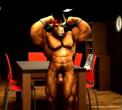 3d abs animated balls bars biceps braford brown_fur brown_skin cgi chair clock cock_out flexing furniture goods_out horns horny_smile male male_focus male_only mp4 muscles muscular muscular_arms muscular_body muscular_legs naked no_sound nude oscar_(braford) pecs penis penis_out red_hat room solo solo_male table tagme triceps video white_horns