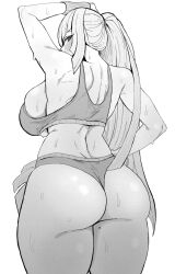 1girls alternate_version_available ass back back_view backboob big_ass big_breasts black_and_white blush bottomwear breasts dat_ass efto_(pixiv) female female_only game_freak hair hand_on_head hime_cut huge_ass looking_back lusamine_(pokemon) mature mature_female mature_woman milf monochrome mother pokemon pokemon_sm ponytail solo solo_female sports_bra sportswear sweat sweatdrop sweating sweaty thick_thighs thighs topwear