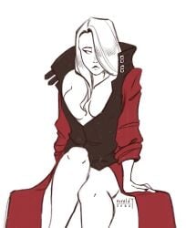 1girls clothing_too_big covered_nipples devil_may_cry devil_may_cry_2 female female_only jacket jacket_only long_hair lucia_(devil_may_cry) mostly_nude mostly_nude_female niraldy no_bra no_panties open_clothes open_jacket red_jacket too_big too_big_clothes