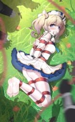 ai_generated arms_tied_behind_back barbara_(genshin_impact) blonde_hair blue_eyes blush bondage bound_ankles bound_legs gag gagged genshin_impact hilichurls_(species) laying_on_side looking_at_viewer on_side panty_gag solo stuffed_mouth_gag tears