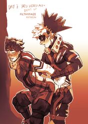 2boys anal anal_sex arms_held_back blush closed_eyes clothing filthyfaize gay hero_outfit_(mha) izuku_midoriya katsuki_bakugou male male_only male_penetrated male_penetrating male_penetrating_male mask masked monochrome my_hero_academia penetration spiky_hair standing standing_sex yaoi