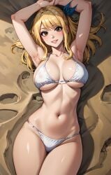 1girls ai_generated armpits arms_up bikini blonde_hair fairy_tail female girly hair_ornament looking_at_viewer lucy_heartfilia lxlbanner navel posing sex solo solo_female white_bikini yellow_hair