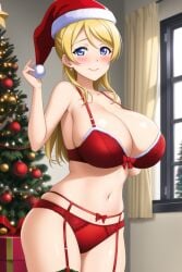 ai_generated ayase_eli bedroom belly_button blonde_hair blue_eyes blush christmas christmas_hat christmas_outfit christmas_tree cowboy_shot female garter_belt huge_breasts indoors kurodex lingerie love_live! love_live!_school_idol_project naughty_face ponytail posing scrunchie seductive_smile solo standing wide_hips